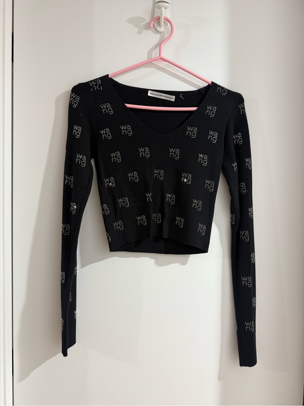 Alexander Wang Black Logo-Print Cropped Long Sleeve Top